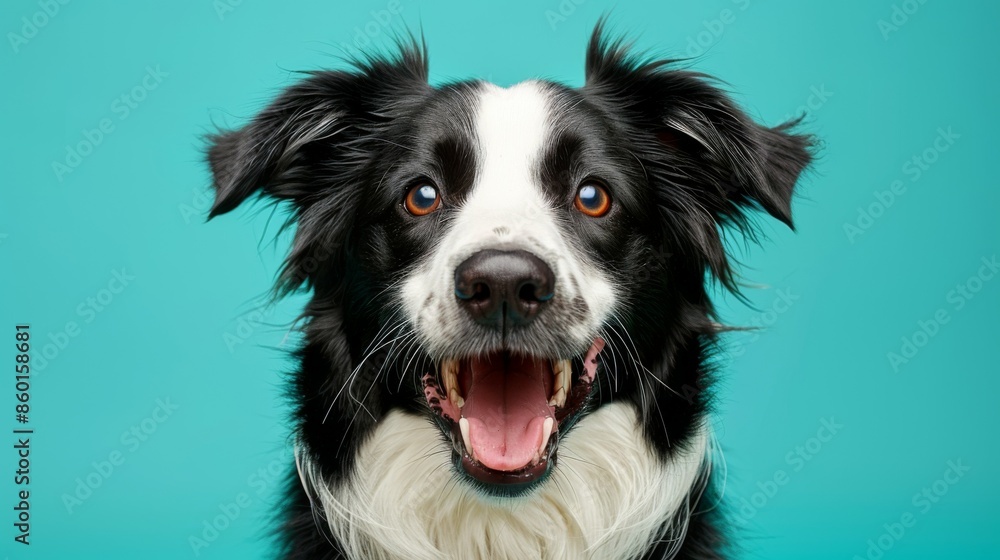 Cute joyful Border Collie. Australian shepherd. Isolated against a vibrant blue background. Pet. Dog. Canine. Cute joyful Border Collie. Australian shepherd. Isolated against a vibrant blue background. Pet. Dog. Canine.