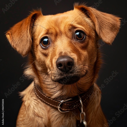 a dog with a dog collar looking at the camera