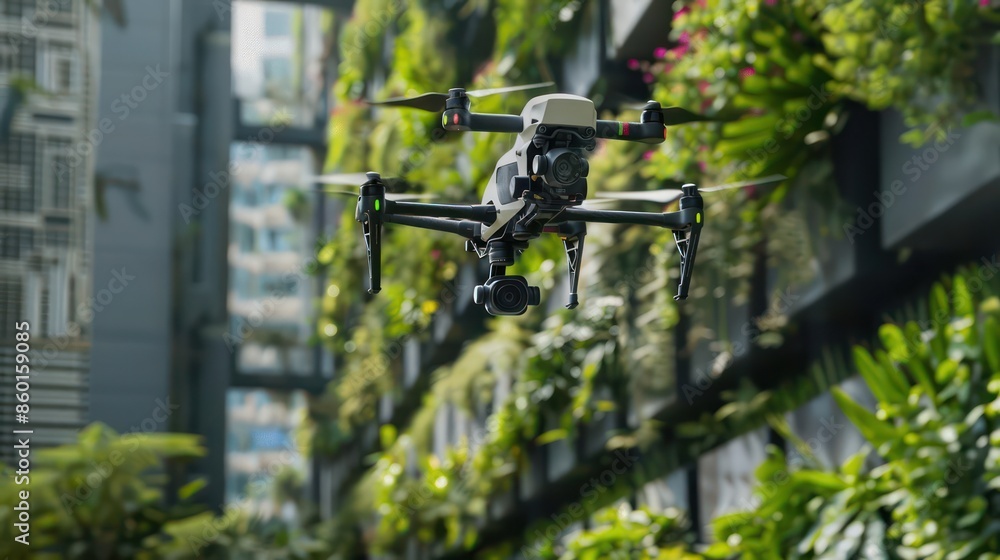 A modern drone capturing a closeup of a vertical garden in a hightech city with space for a message A modern drone capturing a closeup of a vertical garden in a hightech city with space for a message