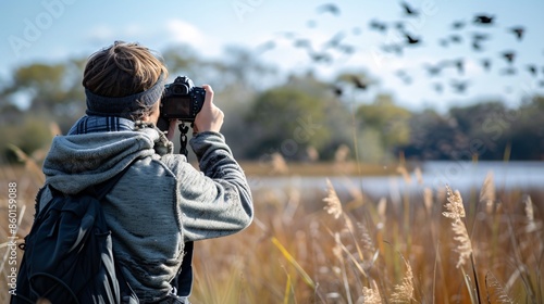 A person photographs a flock of birds in mid-flight over a serene lake, surrounded by tall grasses, showcasing the beauty and tranquility of nature.