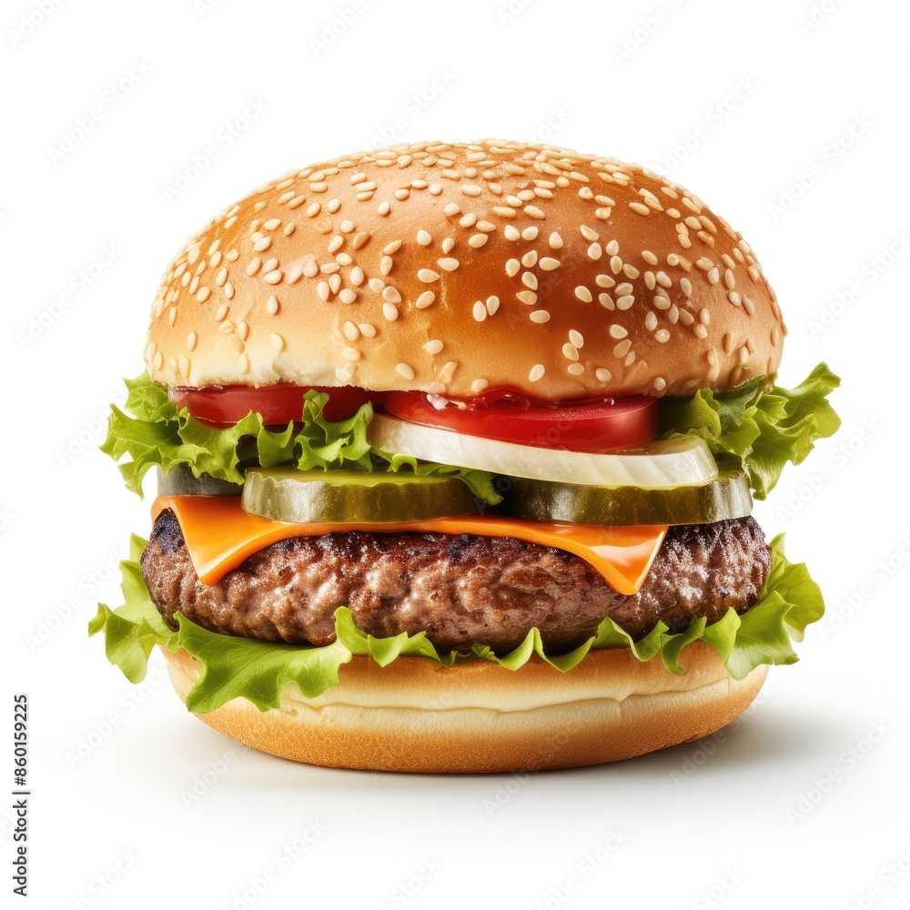 Classic Hamburger With Sesame Seed Bun, Cheese, And Fresh Vegetables Classic Hamburger With Sesame Seed Bun, Cheese, And Fresh Vegetables