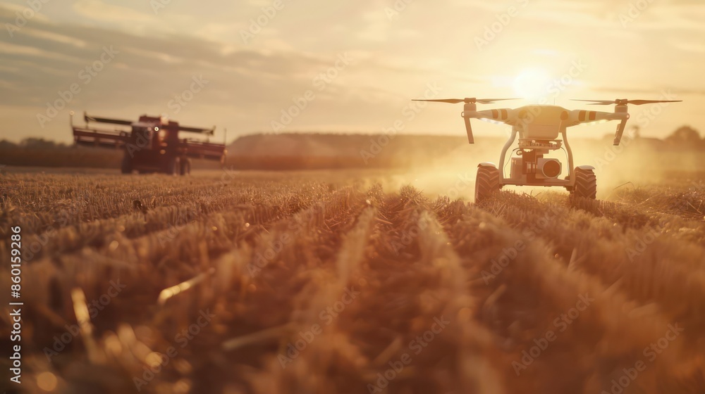 A modern drone capturing a closeup of a farmer using automated machinery with space for a message A modern drone capturing a closeup of a farmer using automated machinery with space for a message