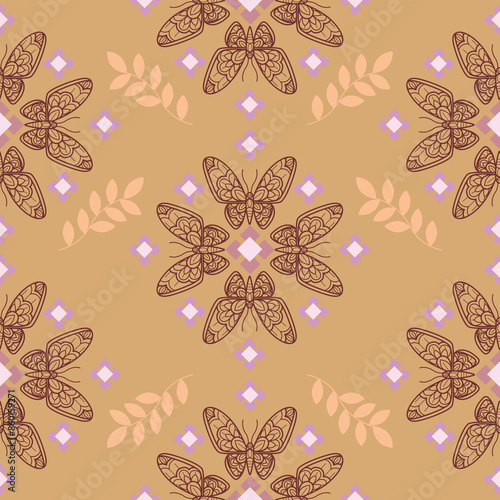 Flower butterfly on brown background pattern. Seamless pattern background.