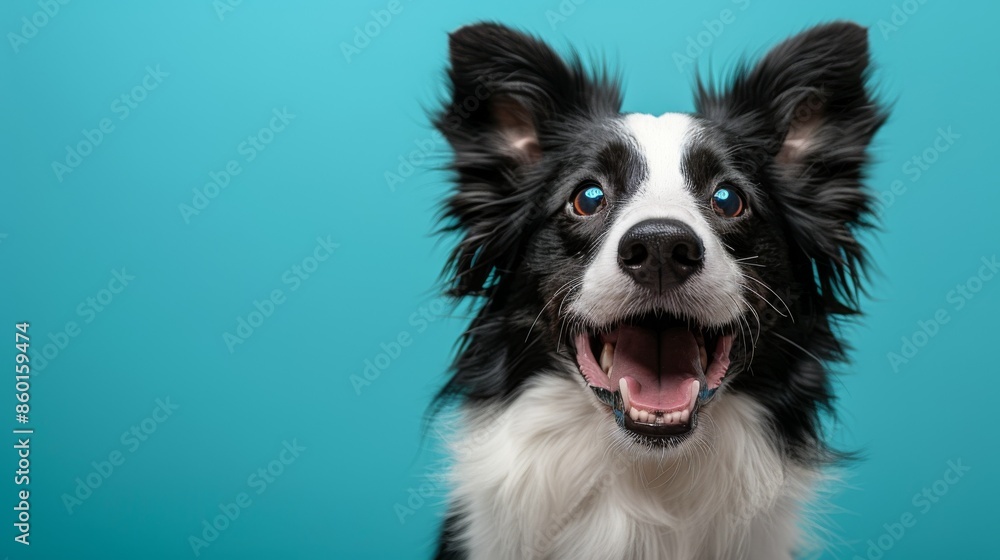 Cute joyful Border Collie. Australian shepherd. Isolated against a vibrant blue background. Pet. Dog. Canine. Cute joyful Border Collie. Australian shepherd. Isolated against a vibrant blue background. Pet. Dog. Canine.