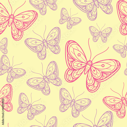 Pink butterfly on yellow background pattern. Seamless pattern background.