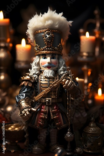 Medieval figurine of a king on a dark background with candles