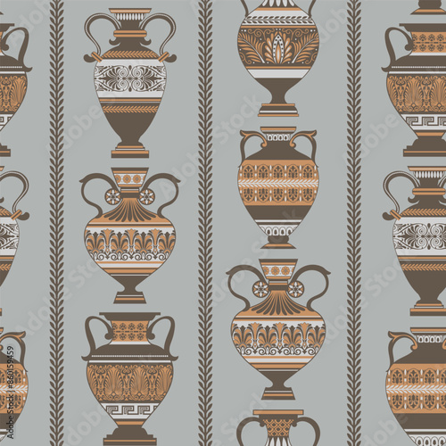 Seamless pattern with traditional ancient greek ceramic vases