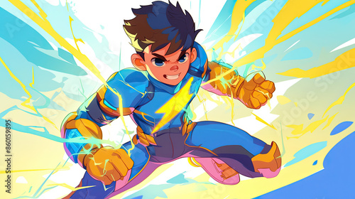 muscular charming boy character with a lighting bolt on his chest , 4k , wallpaper