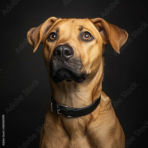 a dog with a dog collar looking at the camera