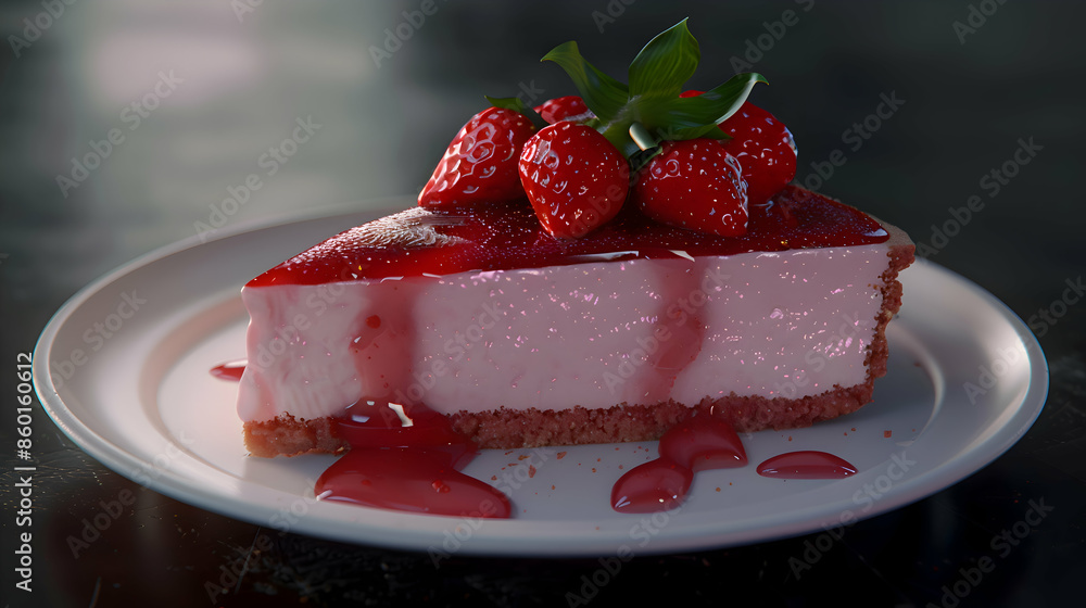A slice of rich fast food strawberry cheesecake with a graham cracker crust and fresh strawberry topping A slice of rich fast food strawberry cheesecake with a graham cracker crust and fresh strawberry topping