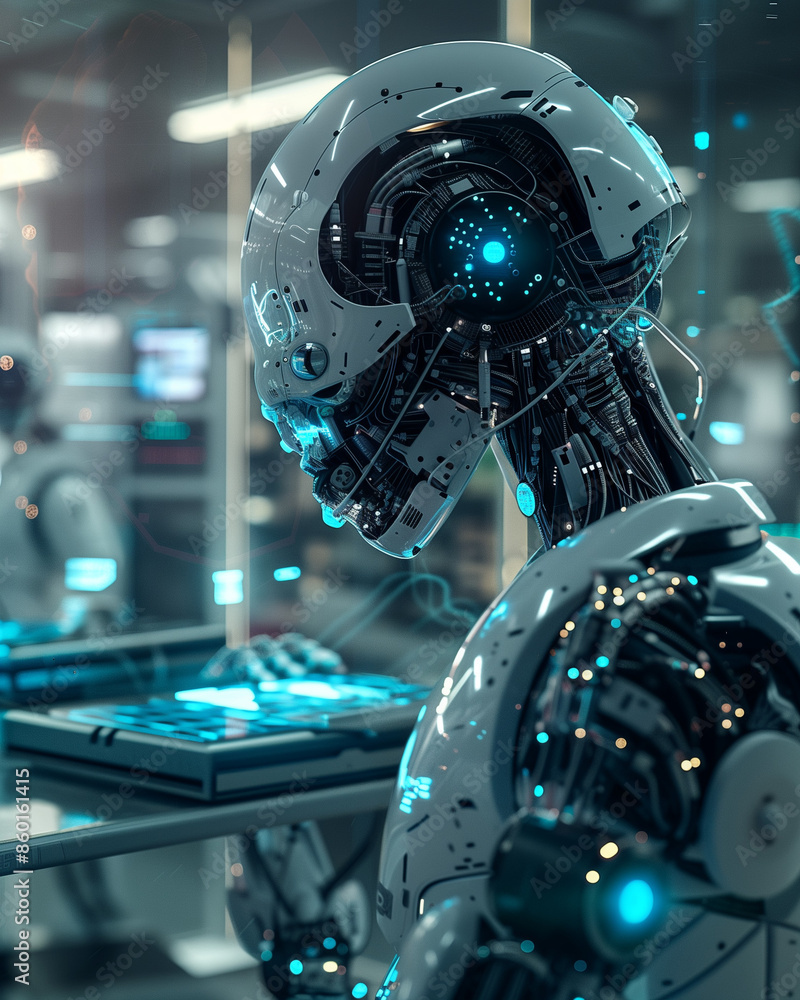 Fototapeta premium cybernetic humanoid robot in a laboratory, advanced artificial intelligence with intricate mechanical design, futuristic technology