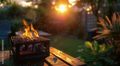 Backyard Grill With Flames Burning at Sunset