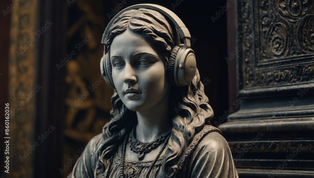 marble statue of a woman wearing headphones marble statue of a woman wearing headphones