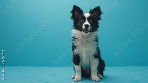 Cute joyful Border Collie. Australian shepherd. Isolated against a vibrant blue background. Pet. Dog. Canine.