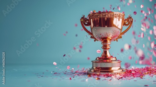 Gold Trophy With Pink Confetti on Blue Background