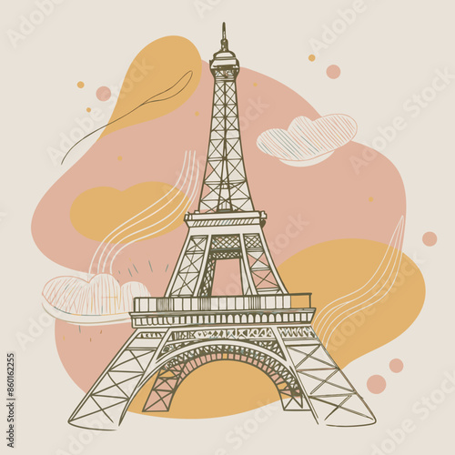 Eiffel tower Paris illustration style of flying blobs