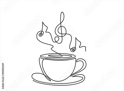 Continuous one line drawing of Cup of coffee with musical notes. Music cafe concept.