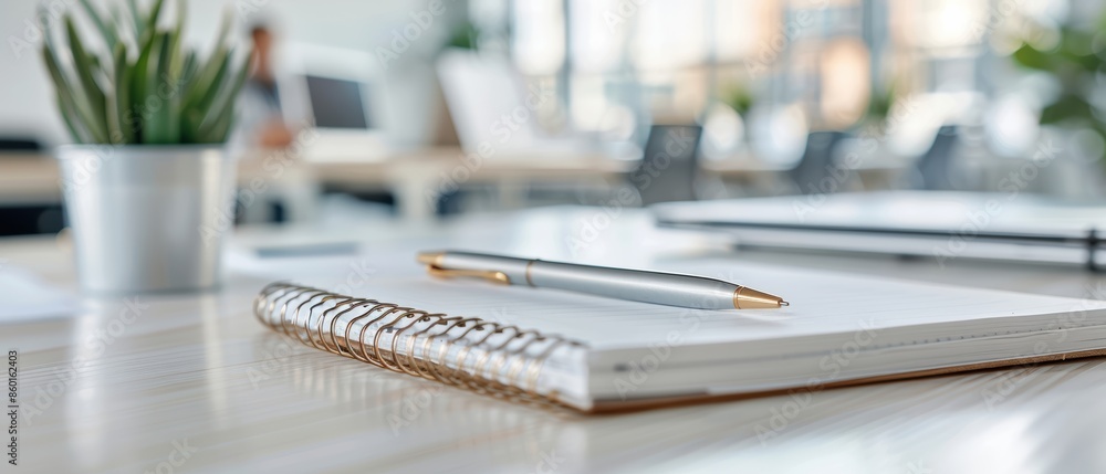 Close-up of a spiral notebook with a pen in a bright, modern office. Ideal for themes of work, organization, and productivity. Close-up of a spiral notebook with a pen in a bright, modern office. Ideal for themes of work, organization, and productivity.
