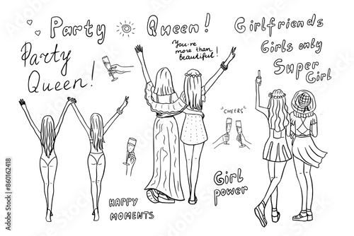 Seamless pattern with happy girls. Girls from the back. Girlfriends. Party queen. Super girl. Girl power. Girls only. Celebration. Adventure. Hand drawn. Doodle style. Bachelorette party. Hen-party