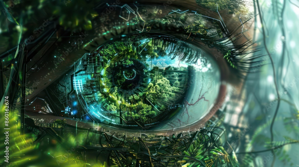 Naklejka premium The intricate design of a cybernetic eye reflecting Independence Day fireworks with space for text