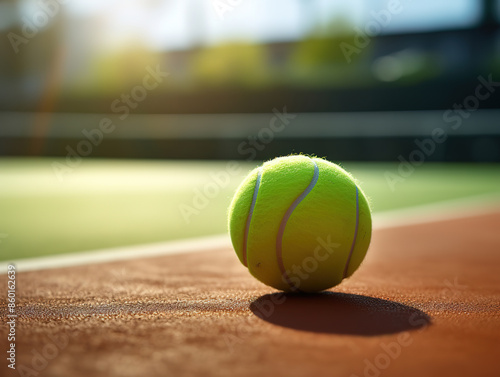 Excellent Yellow ball on floor behind paddle net in blue court outdoors padel tennis © MDRobiul