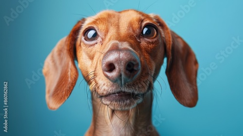 Cute Hound Dog, Dachshund. Isolated against a vibrant blue background. Pet. Dog. Canine.