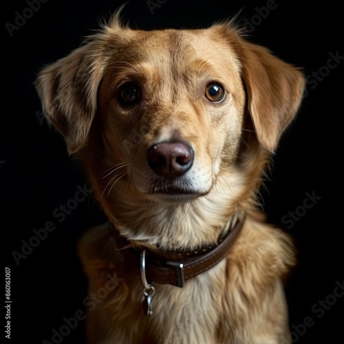 a dog with a dog collar looking at the camera