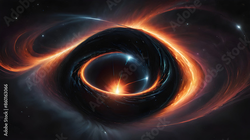 An illustration of a black hole, with swirling accretion disk and light bending around the event horizon. The design is dark and dramatic, emphasizing the immense gravitational pull