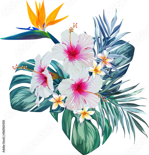 Bouquet of tropical flowers. Hibiscus. Paradise flowers. exotic, tropical