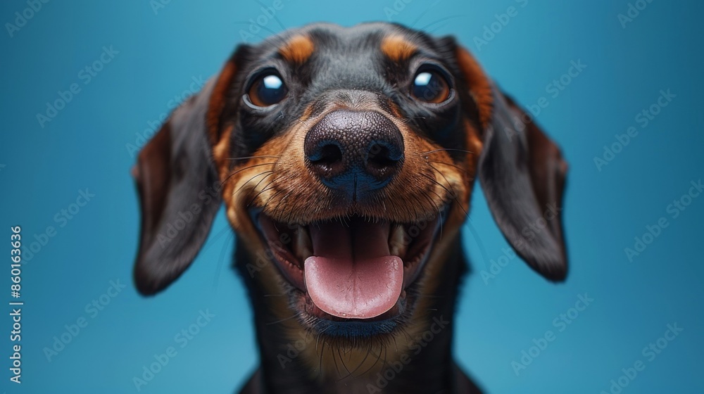 Cute Hound Dog, Dachshund. Isolated against a vibrant blue background. Pet. Dog. Canine. Cute Hound Dog, Dachshund. Isolated against a vibrant blue background. Pet. Dog. Canine.