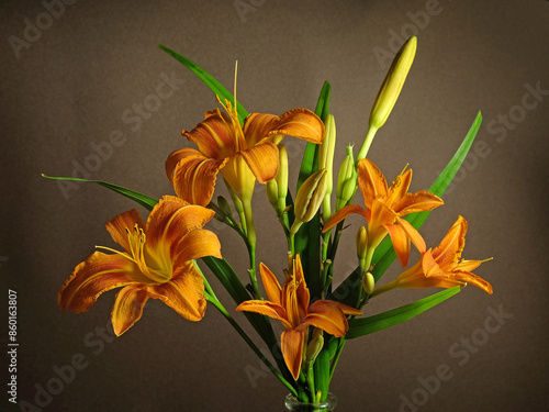 Картината върху платно A bouquet of flowers and buds of a bright daylily