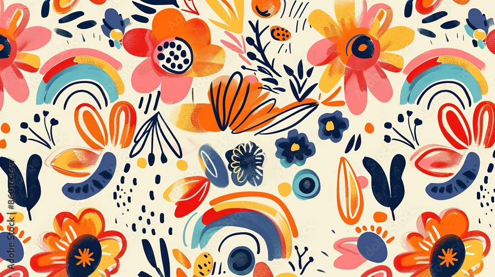 A lovely and lively pattern with rainbow, flowers, and nature-inspired things. A lovely and lively pattern with rainbow, flowers, and nature-inspired things.