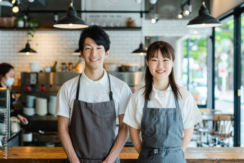 Wallpaper Mural Two baristas in a cafe stand behind the counter, smiling at the camera. They are both wearing aprons and white shirts Torontodigital.ca