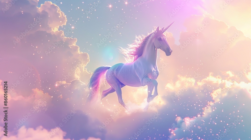A magical pastel dreamland, where a rainbow unicorn gallops through a cotton candy sky. The air shimmers with fairy dust and twinkling stars. A magical pastel dreamland, where a rainbow unicorn gallops through a cotton candy sky. The air shimmers with fairy dust and twinkling stars.