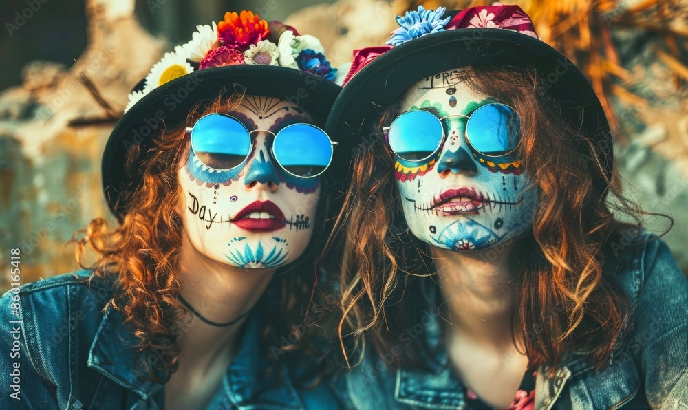 Two young women with painted skulls on their faces to celebrate the day of the dead. Mexican traditional holiday. Two young women with painted skulls on their faces to celebrate the day of the dead. Mexican traditional holiday.