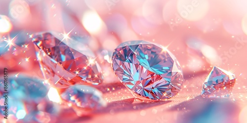 A close-up shot of sparkling diamonds scattered on a pink surface, reflecting light and creating a dazzling effect. Perfect for luxury, jewel, and elegance themes. © Vladan