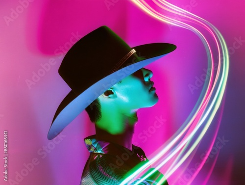 Profile of a Man with cowboy hat, vivid motion blur effect with a pink neon color scheme.  Trendy modern poster, banner.  photo