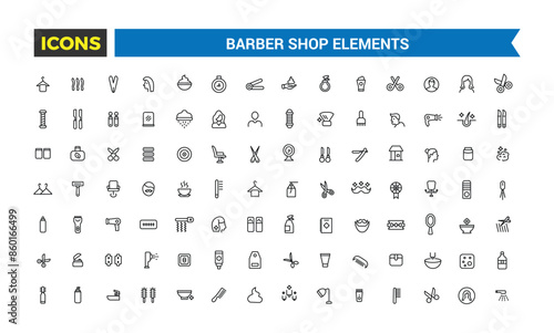 Barber shop icon set. Outline icons pack. Editable vector icon and illustration.