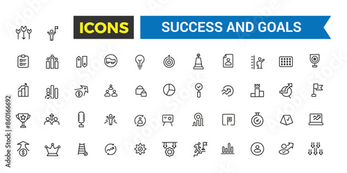 Success and Goals Vector Icons Collection. Outline icons pack. Editable vector icon and illustration.
