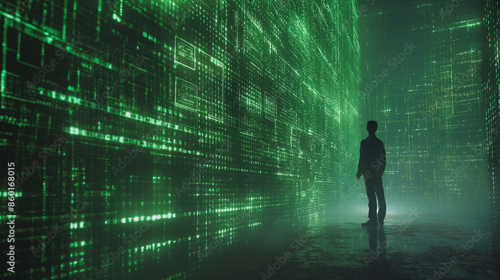 Fototapeta premium A man stands in front of a wall of green computer code. The man is looking at the wall, possibly trying to decipher the code or just admiring the design. Scene is one of curiosity and fascination