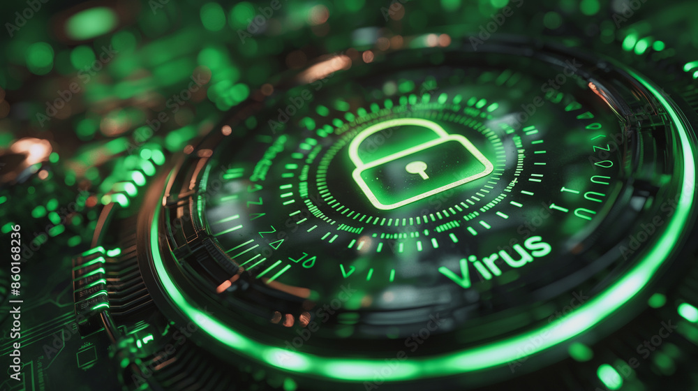 A green glowing lock with the word Virus written on it A green glowing lock with the word Virus written on it