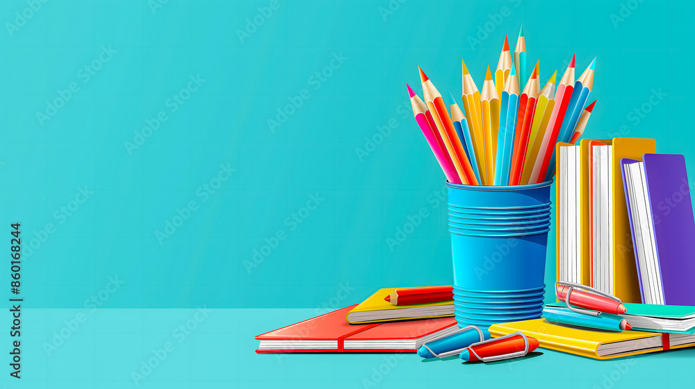 Fototapeta premium Back to school. On a blue isolated background there is a stationery cup with colored pencils, a notebook and textbooks. The concept of training and education. Copy Space