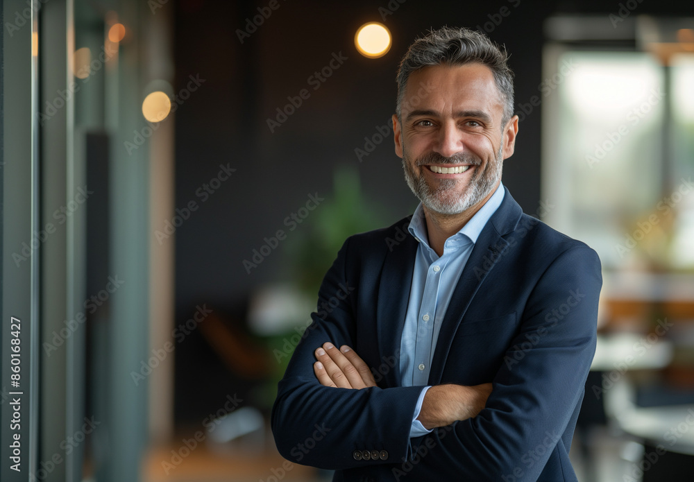 Fototapeta premium A man in a suit is smiling and posing for a picture