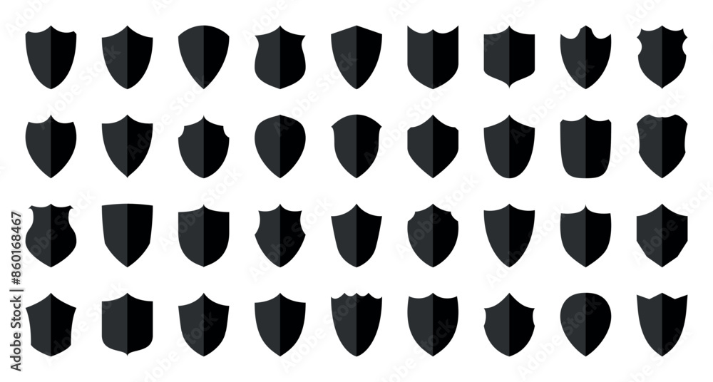 Beautiful set of shields silhouettes. Black badges shape label collection for military, police, soccer and others. Shield icons set. Shield shape icons. Symbol shape. Different shields collection Beautiful set of shields silhouettes. Black badges shape label collection for military, police, soccer and others. Shield icons set. Shield shape icons. Symbol shape. Different shields collection