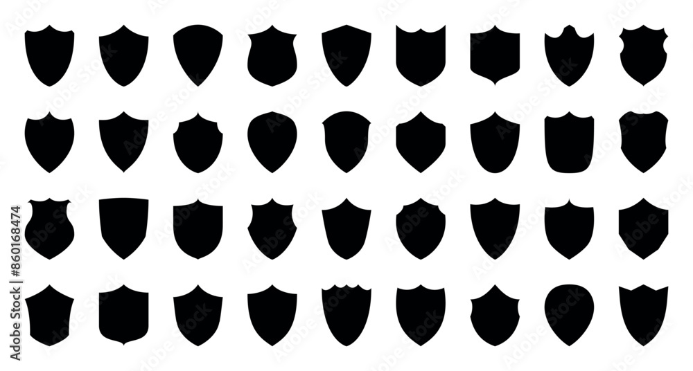 Shield icons set. Shield shape icons. Symbol shape. Different shields collection. Security symbol. Protect shield flat style. A set of 36 shield icons, pointed shield logos, rounded tall short Shield icons set. Shield shape icons. Symbol shape. Different shields collection. Security symbol. Protect shield flat style. A set of 36 shield icons, pointed shield logos, rounded tall short