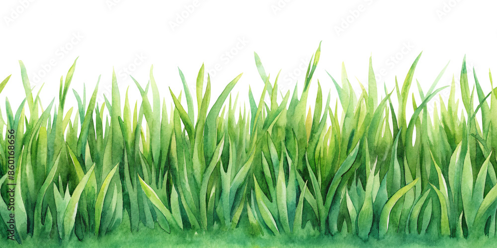 Obraz premium Watercolor painting of lush green grass, vibrant and detailed. Vibrant watercolor illustration of lush green grass, realistic and vivid.
