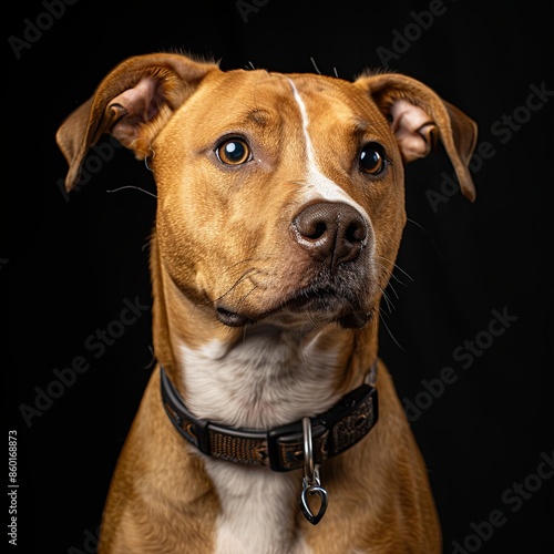 a dog with a dog collar looking at the camera