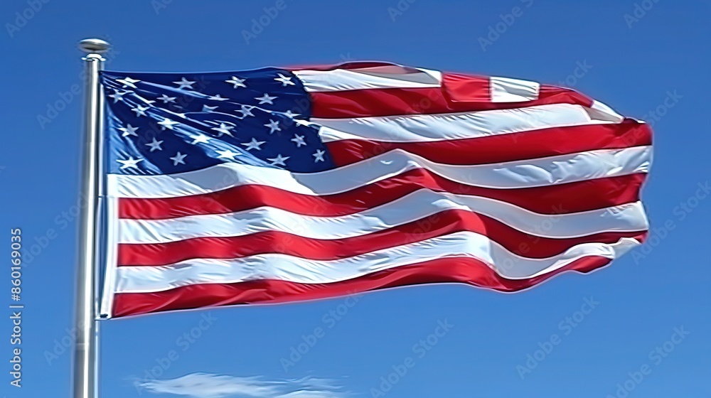 Obraz premium Closeup of American Flag Waving at Sunset: Symbolizing Freedom and Justice on Planting Day