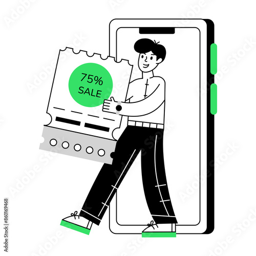 Character based outline mini illustration of online sale 

