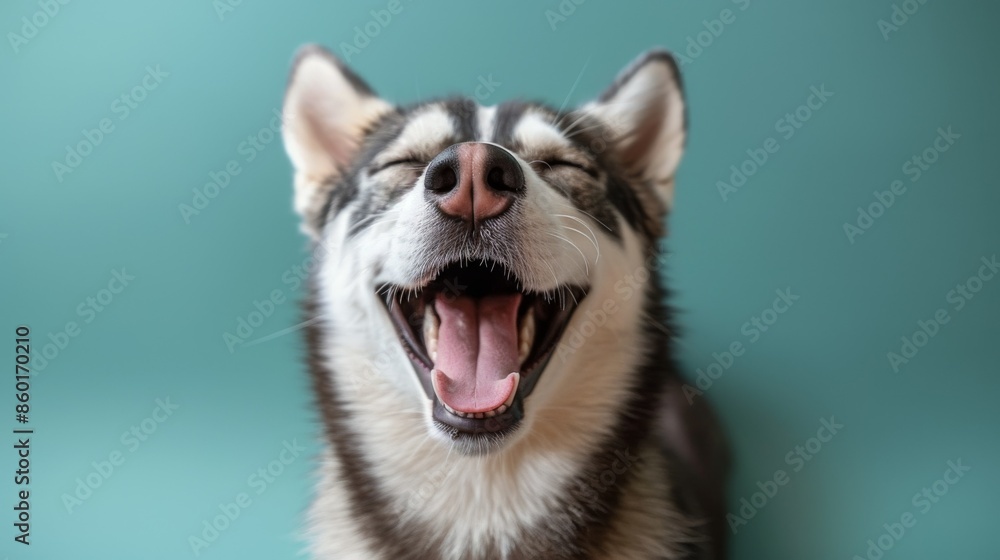 Obraz premium Joyful Husky. Isolated against a vibrant blue background. Canine. Dog. Pet. Siberian Husky 